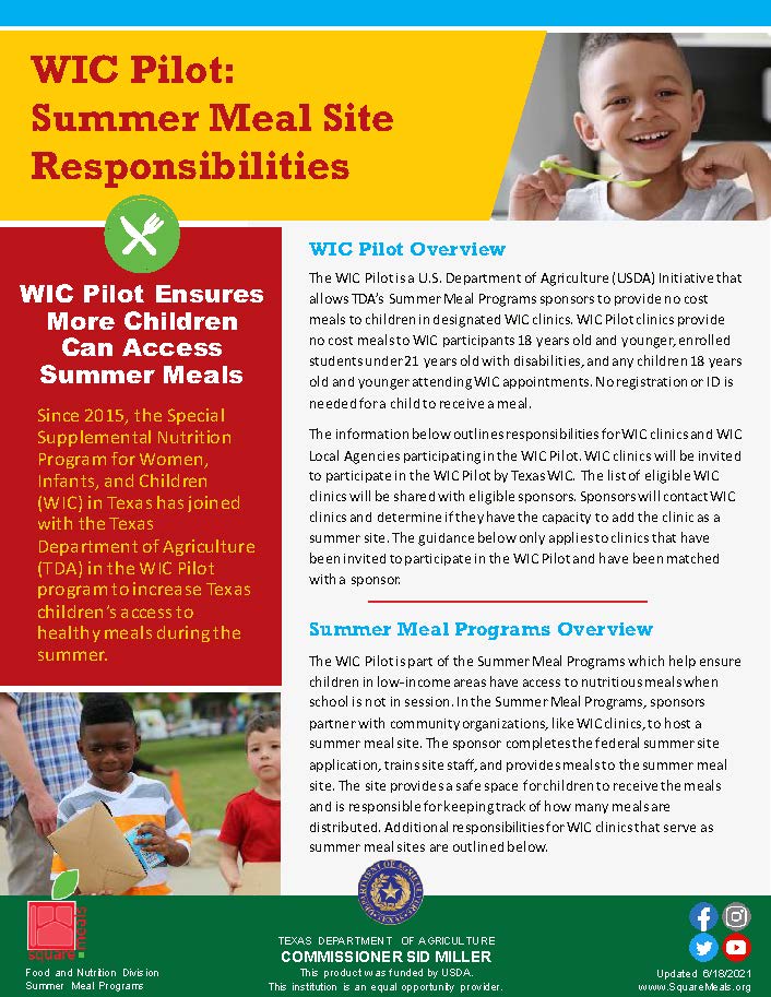 WIC Pilot Summer Meal Site Responsibilities Guide